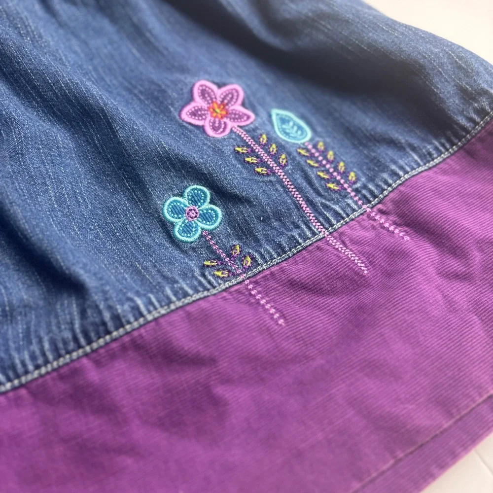 VINTAGE OshKosh Bgosh 3T‎ Denim Purple Corduroy Floral Embroidered Jumper Dress